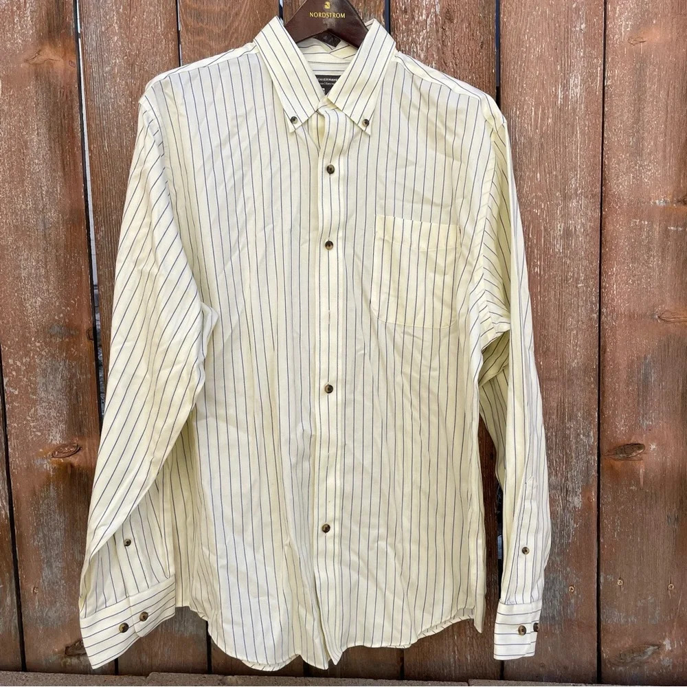 DENVER HAYES Men’s Yellow Stripe Button Down Long Sleeve No Iron Shirt Large